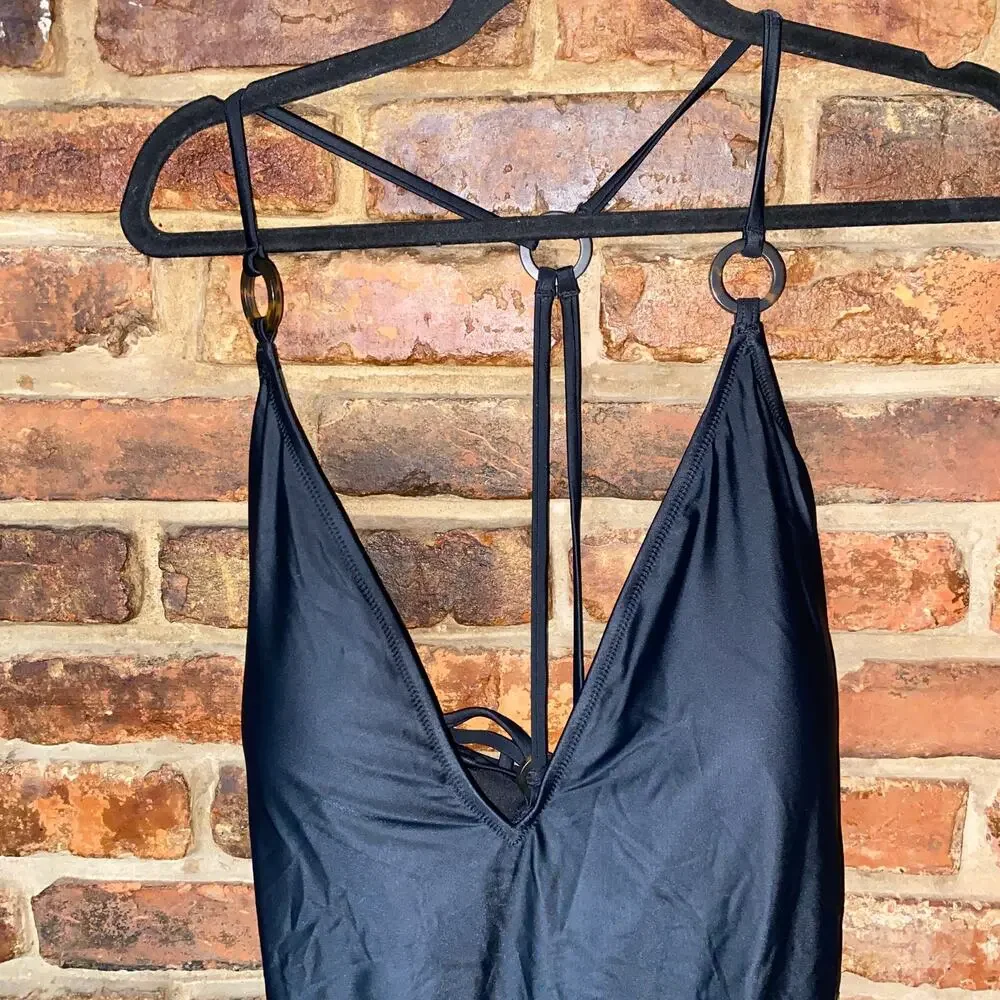 NWT J. Crew Black O-ring V-neck One-Piece Swim Bathing Suit Women's Size 24